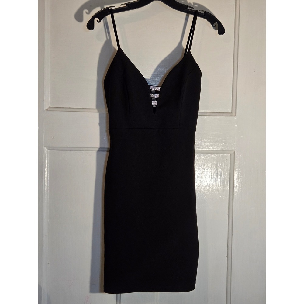 gLARE Black Bodycon Mini Dress Rhinestone V-Neck Spaghetti Strap Cocktail Dress